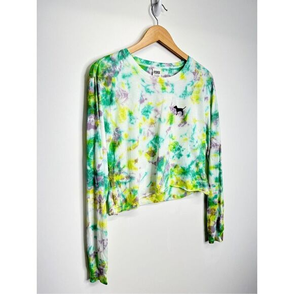 PINK Shirt Womens Cropped Long Sleeve Crewneck Tie Dye Shirt Size S - Picture 2 of 7